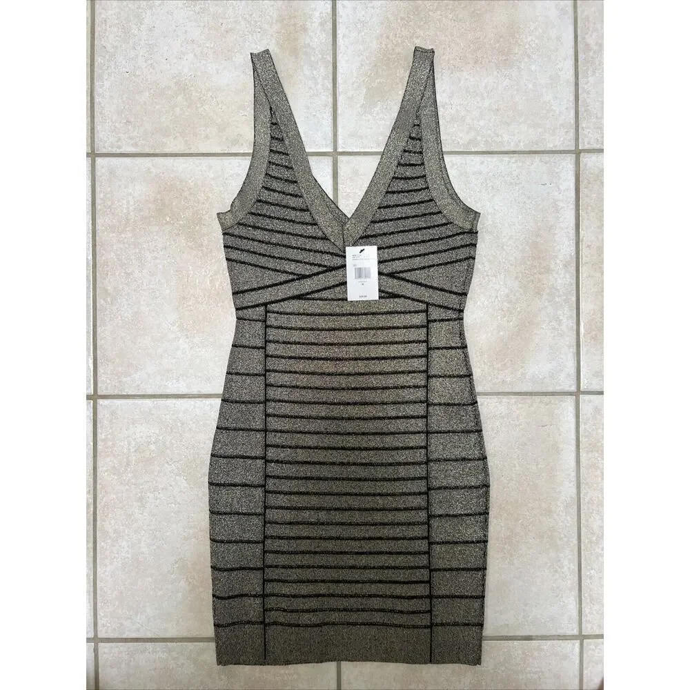 Guess Arianna Lurex Bandage Dress Medium Jet Black/Gold - Picture 5 of 8